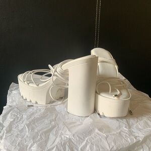 white chunky lace up platform heels